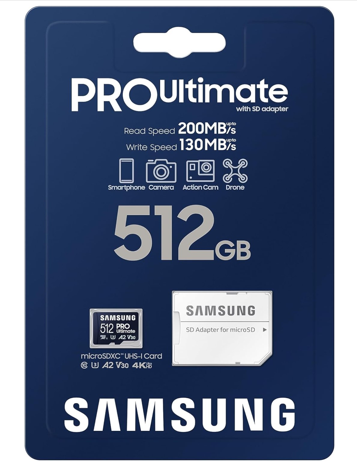 Карта пам'яті SAMSUNG 512GB PRO Ultimate microSD (MB-MY512SA) Новинка! Up to 200 MB/s, 4K UHD, UHS-I, Class 10, U3,V30, A2